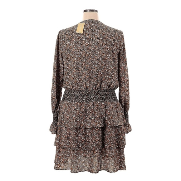 Michael Kors Faux Wrap Tier Ruffle Mini Dress XL NWT Floral Marigold Brown Boho - Picture 2 of 10